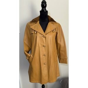 Vintage Tan Vinyl Trench Coat Faux Fur Collar 70s Retro Sz 14 Penny lane flaws